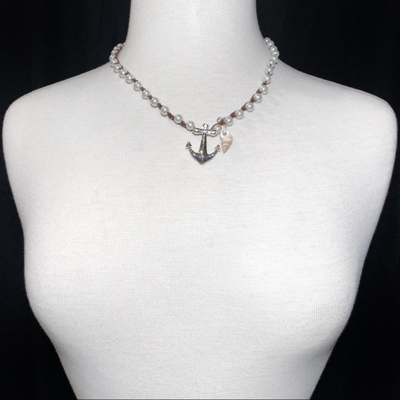 Pearl & Brown Thread Anchor Necklace Earrings Set - Picture 3 of 3